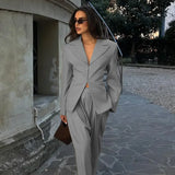 V-Neck Blazer & Wide-Leg Pants Set | Women’s Single-Breasted Pocket Jacket & Trousers