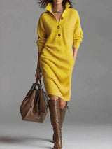Women’s Elegant Lapel Collar Knit Dress – Long Sleeve Ribbed Solid Midi Dress