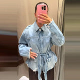 Gürtel-Jeansjacke für Damen | Schnür-Mantel mit Revers und langen Ärmeln