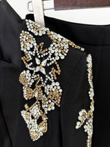 Black Designer Suit for Women - Beaded Diamond Stand Collar Blazer & Wide-Leg Pants Set