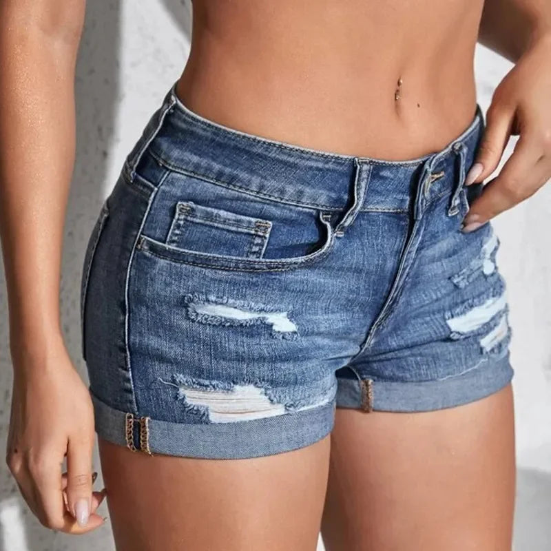Damen-Shorts aus Denim mit geteiltem Saum, sexy, mittelhoher Taille, Sommer, Strand, Cut-Offs – schmale, elastische Jeans-Shorts