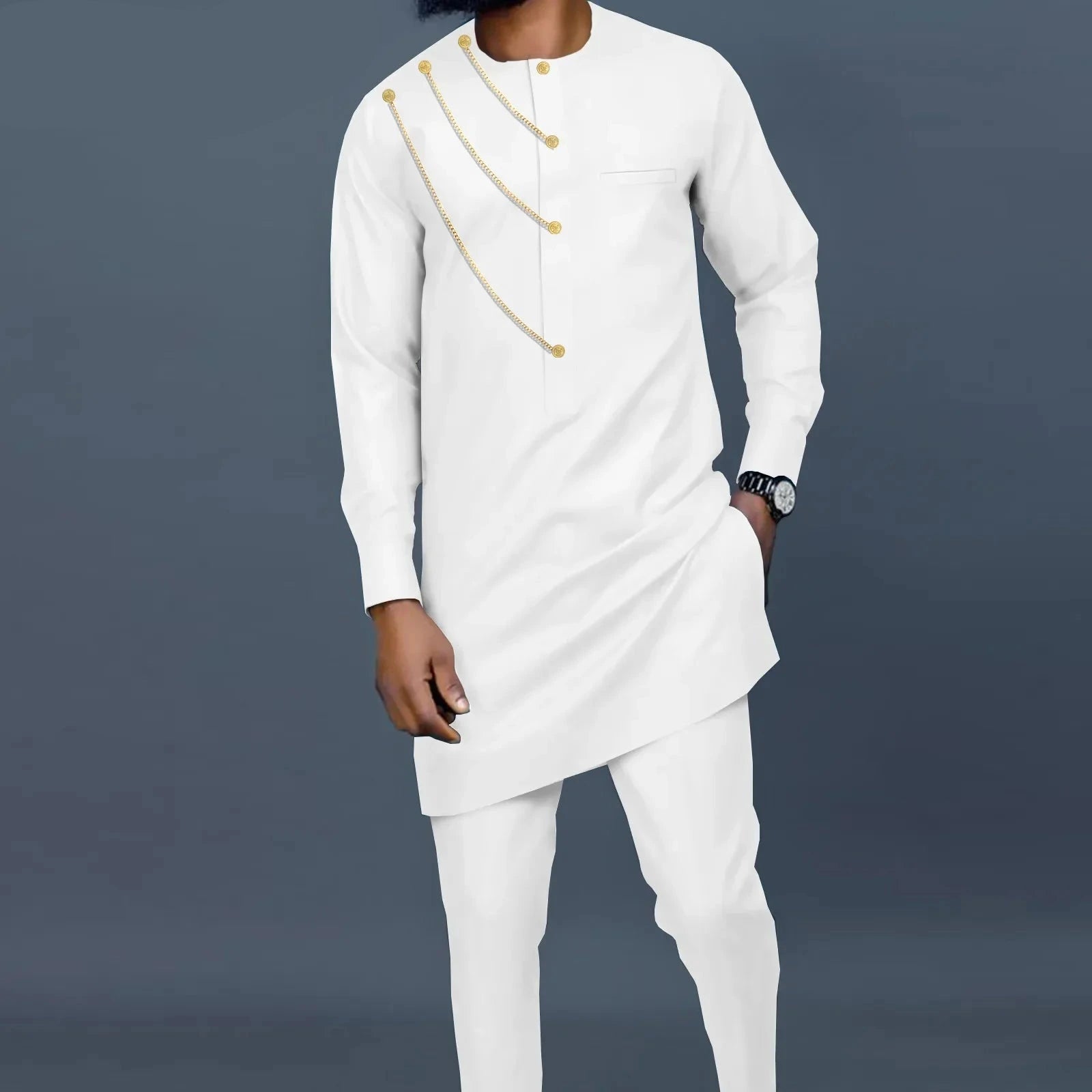 African Single Breasted Shirt with Chain Detail and Pants Men’s 2-Piece Bazin Riche Set