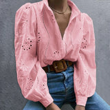 Damen-Hohlsaum-Bluse mit Puffärmeln – Freizeit-Lockers Hemd, Einfarbig