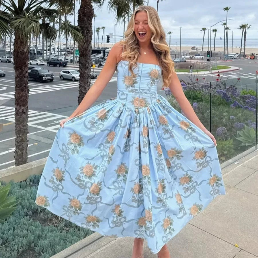 Floral Print Midi Sundress – Elegant Spaghetti Strap Flowy Dress