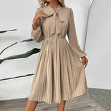 Elegantes plissiertes langes Kleid mit Schleifengürtel, einfarbig, hoher Taille, Business & Pendler-Stil
