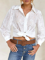 Damen-Hohlsaum-Bluse mit Puffärmeln – Freizeit-Lockers Hemd, Einfarbig