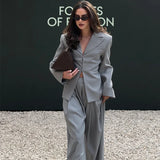 V-Neck Blazer & Wide-Leg Pants Set | Women’s Single-Breasted Pocket Jacket & Trousers