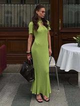 Women’s Short Sleeve Knitted Long Dress – Slim Fit Hollow Out Retro Maxi