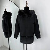 Damen Winter Flauschige Kapuzen-Strickjacke – Reißverschluss Patchwork Strickjacke