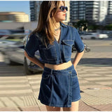 Damen 2-teiliges Denim-Set – Schmal geschnittenes V-Ausschnitt Crop Top & High-Waist Shorts