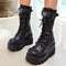 Damen Gothic Plateau Schwarz Schnürstiefel – Punk Keilabsatz High Heels mit Nietenschnalle