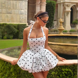 Women’s Polka Dot Vacation Mini Dress – High Waist White A-Line Ball Gown