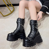 Women’s Gothic Chain Platform Mid-Calf Wedge Motorcycle Boots