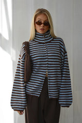Damen lässiger Rollkragen-Rippstrickpullover – lockere langärmelige Strickjacke mit Reißverschluss