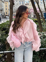 Elegante Damenbluse mit V-Ausschnitt – Einreihiges Langarmshirt