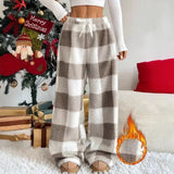 Women’s Plaid Wide Leg Pants Casual High Waisted Contrast Lace-Up Straight Trousers
