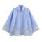 Women’s Blue Embroidery Hollow Out Shirt | Front Button Lapel Collar Blouse