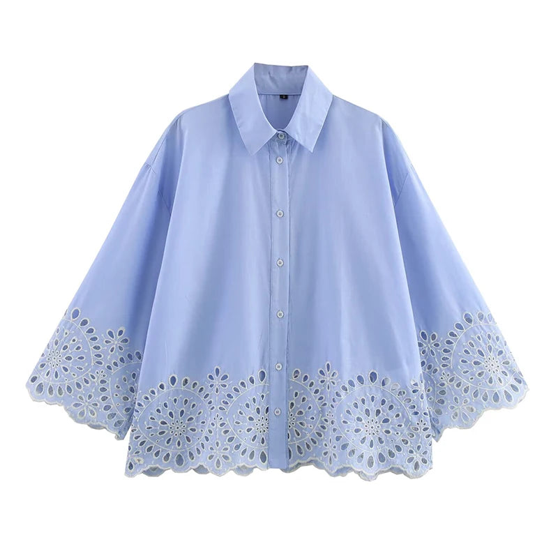Women’s Blue Embroidery Hollow Out Shirt | Front Button Lapel Collar Blouse