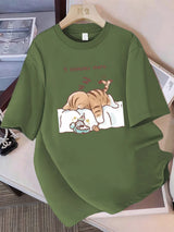 Damen-T-Shirt „Always Tired“ mit minimalistischem Schlafkatzen-Print aus 100 % Baumwolle und lockerem Schnitt