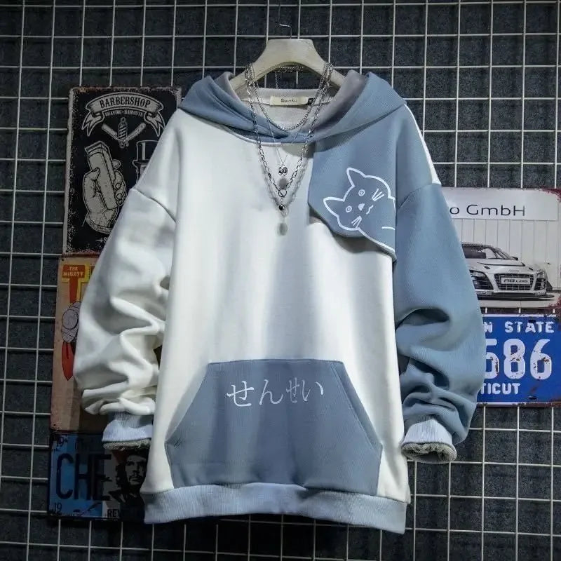 Herren-Kapuzenpullover im japanischen Stil mit Katzenaufdruck – Harajuku Patchwork Sweatshirt, niedliches Anime Kapuzenoberteil