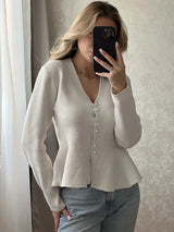 Women’s Ruffled Knit Cardigan – Elegant V-Neck Slim Fit Sweater