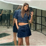 Damen 2-teiliges Denim-Set – Schmal geschnittenes V-Ausschnitt Crop Top & High-Waist Shorts