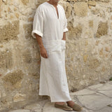 Herren langes Baumwolle Leinen Jubba Thobe – V-Ausschnitt Muslim Arabisch Islamischer Kaftan