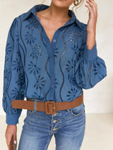 Damen-Hohlsaum-Bluse mit Puffärmeln – Freizeit-Lockers Hemd, Einfarbig