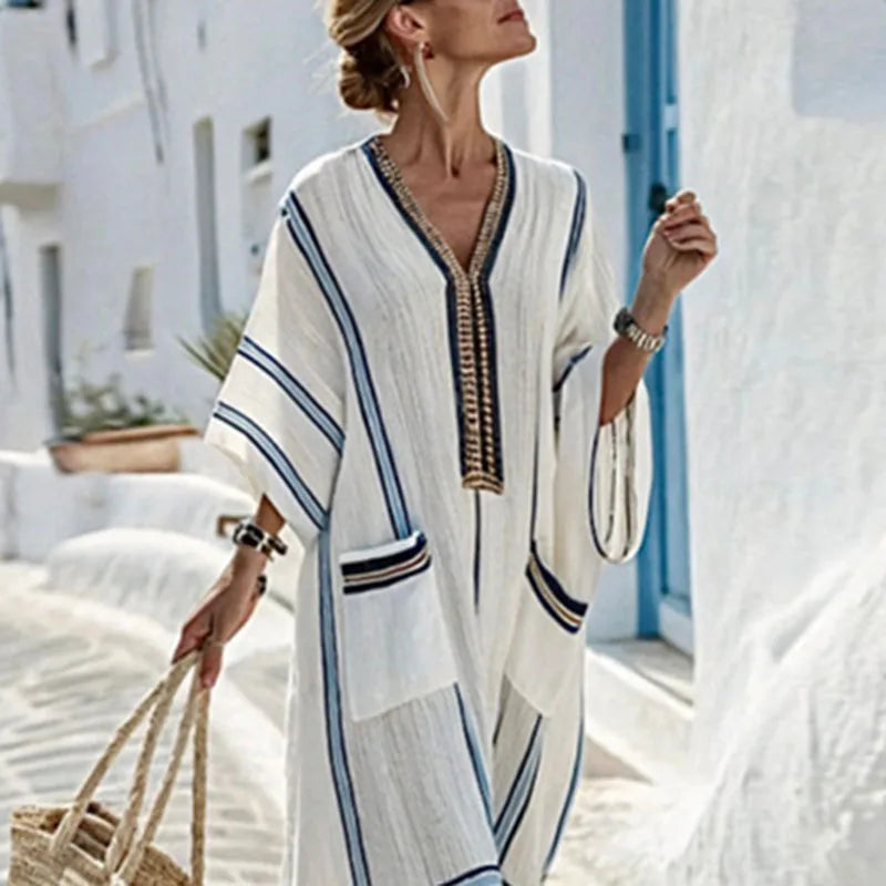Vintage Striped Print A-Line Maxi Dress Casual V-Neck Flare Sleeve Bohemian Robe