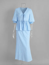 Women’s V-Neck Lace-Up Short Sleeve Crop Top & Slim High Waist Long Skirt Set