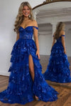 Sparkly Tiered Lace Tulle Prom Dress | Long Spaghetti Strap Corset Gown