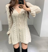 Women’s Cable Knit Sweater Dress – Long Sleeve Button Down Mini Dress