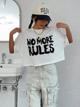 Women’s 100% Cotton White Crop Top – "No More Rules" Letter Print O-Neck Streetwear Tee