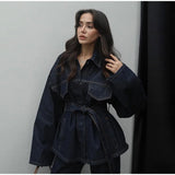 Women’s Fashion Denim Jacket with Waist Belt – Elegant Single Breasted Long Sleeve Jean Coat