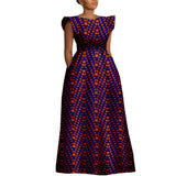 The "Heritage Queen" Floor-Length Gown: Bold Ankara Wax Cotton Dress with Short Sleeves