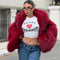 omen’s Red Faux Fur Bomber Jacket – Plush Solid Crop Winter Coat