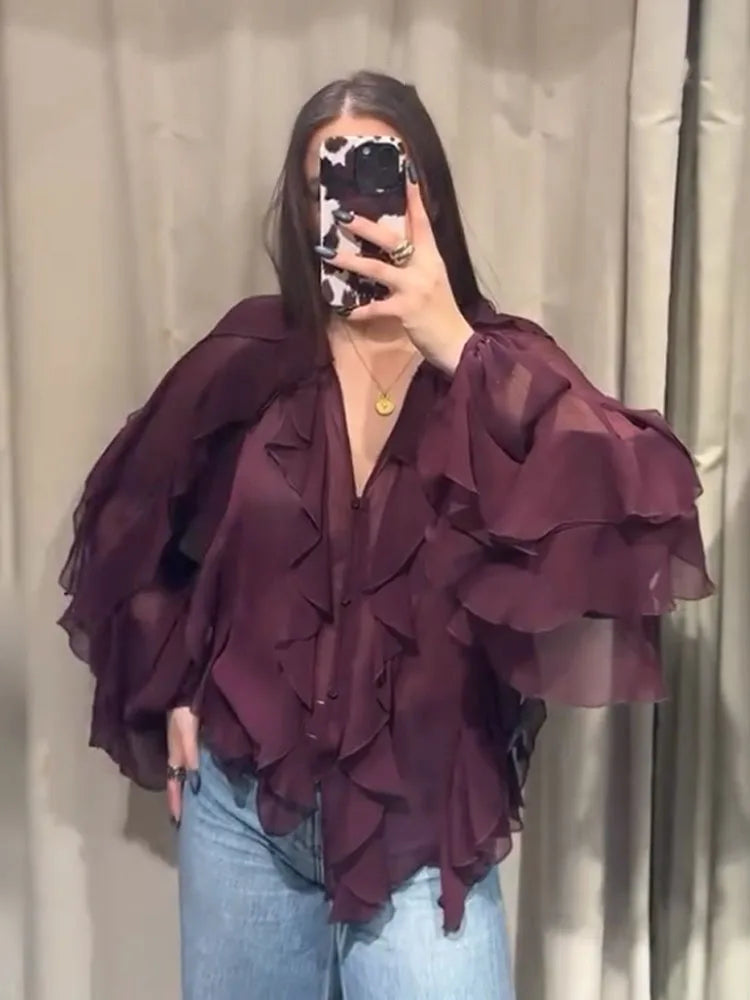 Women’s Elegant V-Neck Blouse – Single-Breasted Long Sleeve Shirt