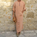 Herren langes Baumwolle Leinen Jubba Thobe – V-Ausschnitt Muslim Arabisch Islamischer Kaftan