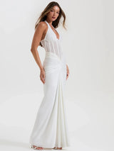 Damen Sexy tiefer V-Ausschnitt Neckholder Maxikleid – Rückenfreies durchsichtiges Abendkleid