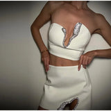 Damen Strass Sommer Neckholder V-Ausschnitt Tube-Top & Hüftrock Set