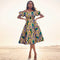 African Ankara Print Midi Dress for Women | High Waist Short Sleeve Dress