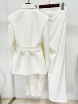 Designer Contrast Stitching Suit Set | Women’s Belted Blazer & Tailored Pants