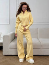 Damen 2-teiliges geripptes Strick-Loungewear-Set – Trendiger Cardigan in schmaler Passform und Hose mit weitem Bein