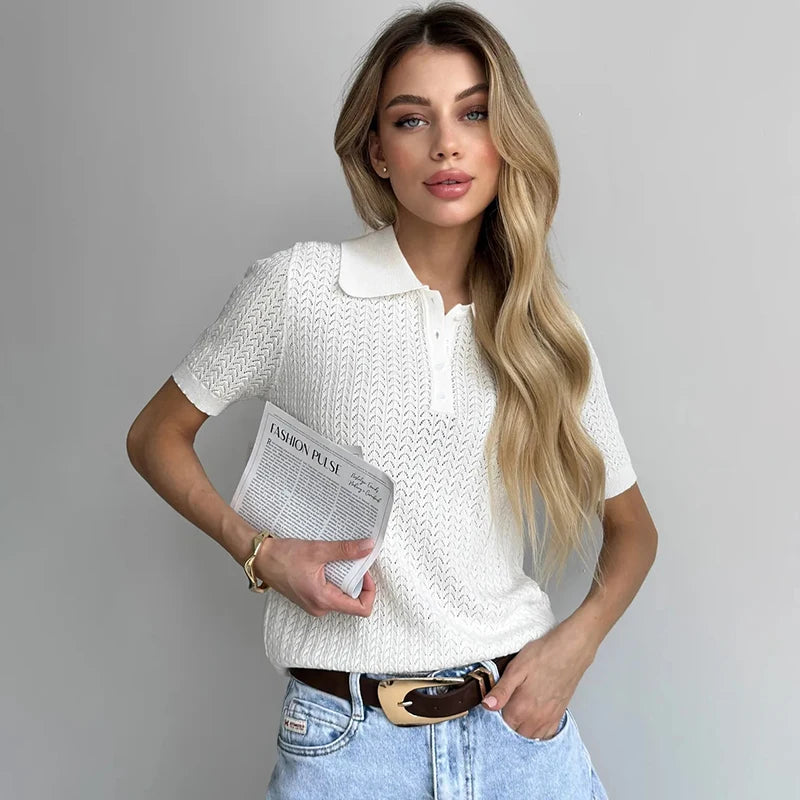 Damen Stricktop mit hohlem Reverskragen – Kurzärmliges Freizeit-T-Shirt mit lockerer Passform