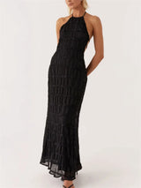 Damen-Maxikleid mit Schnürung am Rücken, rückenfrei, für den Urlaub, Strand, hohe Taille, einfarbig, elegant