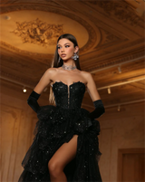 Abendkleid mit schwarzer Spitzenstickerei | Glitzer-Tüll-Lagenkleid