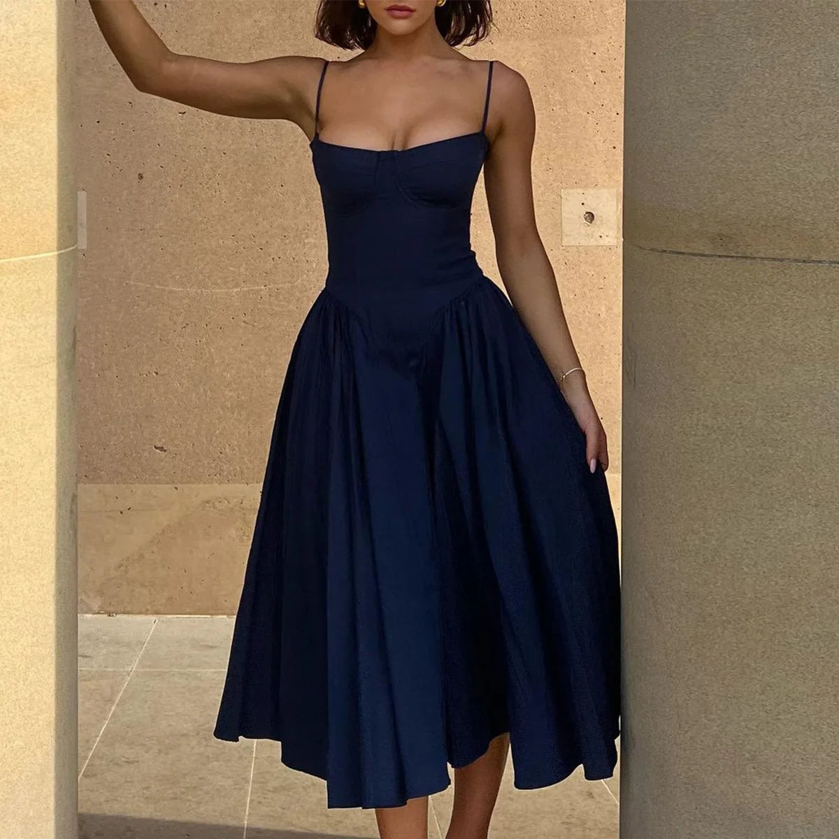 Women's Elegant Blue Spaghetti Strap Midi Dress