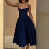 Women's Elegant Blue Spaghetti Strap Midi Dress
