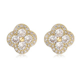 18K Gold Plated Flower Stud Earrings - Sparkling CZ Inlaid Multi-Color 4-Leaf Clover Earrings