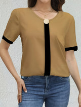 Women's Khaki Loose Casual Blouse – Elegant Short Sleeve Summer Shirt